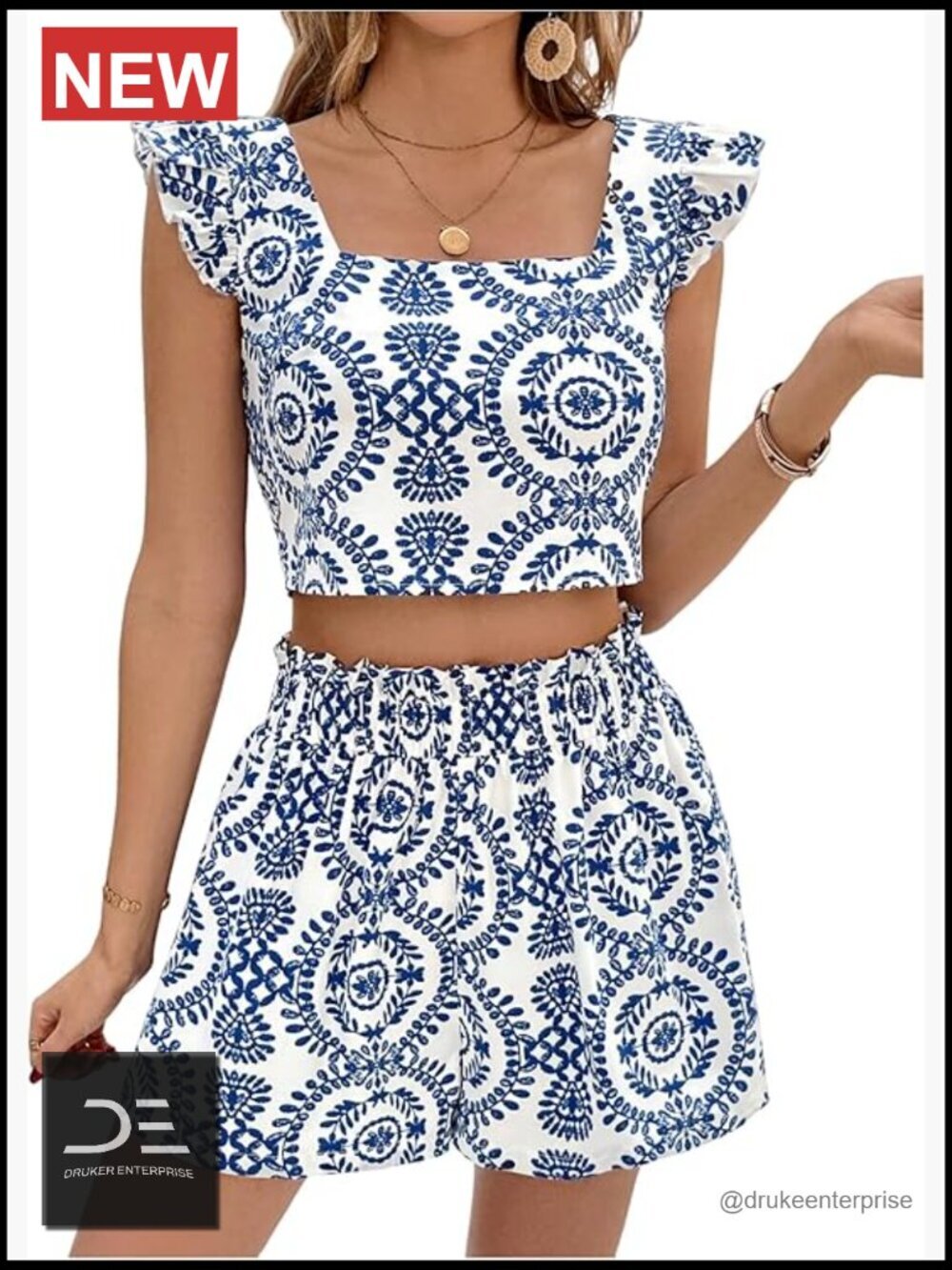2 Piece Set Ruffle Sleeve Crop Top and Shorts Summer Vacation Outfit